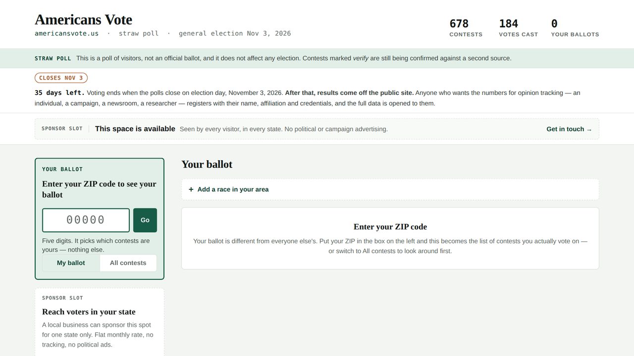 The Americans Vote home page with a ZIP code box to find your ballot