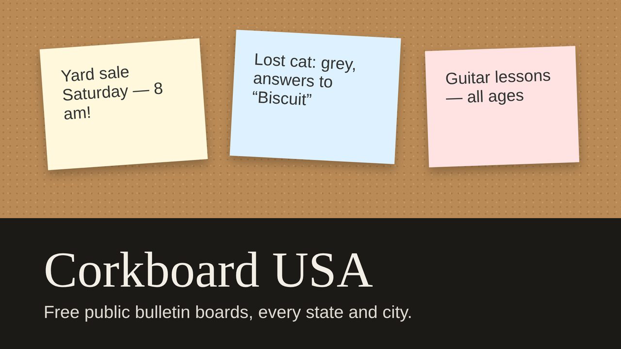 Notes pinned to a cork bulletin board above the words Corkboard USA