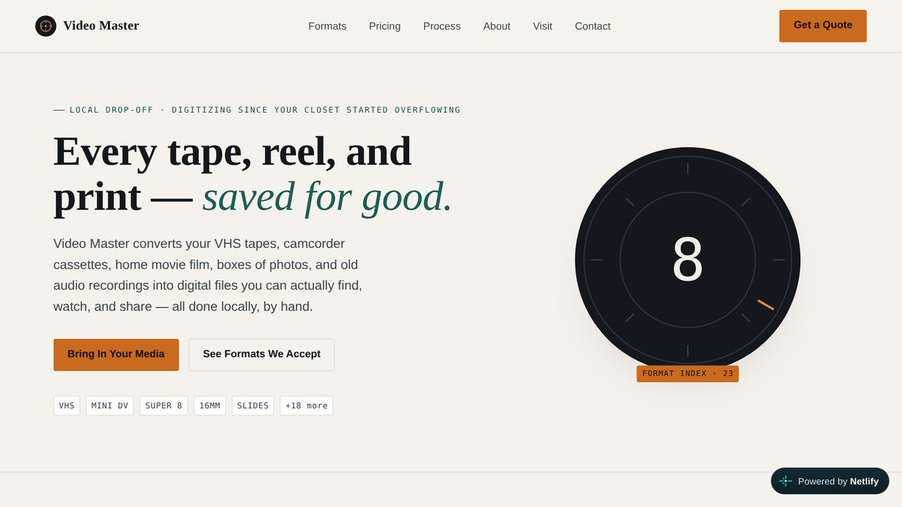The Video Master home page: every tape, reel and print saved for good